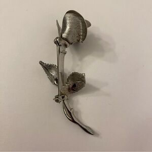 Vintage Pastelli Silver Tone Rose Brooch Long Stem Flower Graceful Design